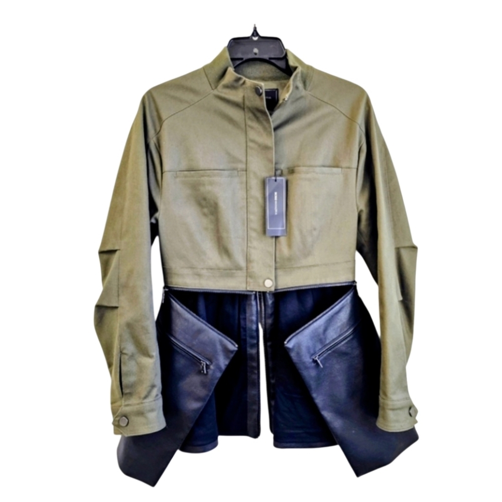 BCBGMaxAzria Military Style Army Green and Black Faux Leather Jacket